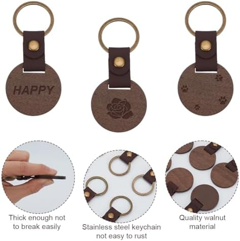 60 PCS Leather Wooden Round Keychain Blanks Engraving Blanks Keychain Unfinished Wood Keychains Vintage Black Walnut Wood Keychain Blanks for DIY Gifts Engrave Crafts - Image 3
