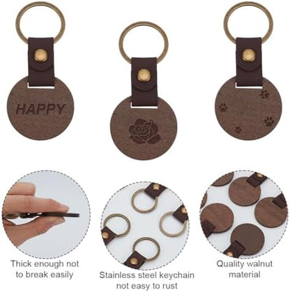 60 PCS Leather Wooden Round Keychain Blanks Engraving Blanks Keychain Unfinished Wood Keychains Vintage Black Walnut Wood Keychain Blanks for DIY Gifts Engrave Crafts - Image 3