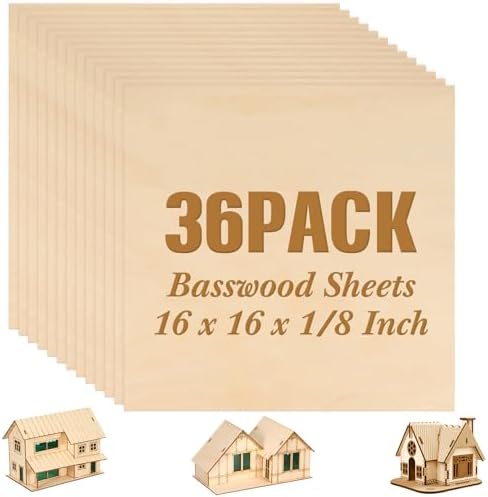 Riakrum Basswood Sheets Plywood Board Unfinished Wood Boards for Crafts for DIY Laser Projects Architectural Mini House Building Hobby Model Making(16 x 16 x 1/8 Inch,36) by Riakrum