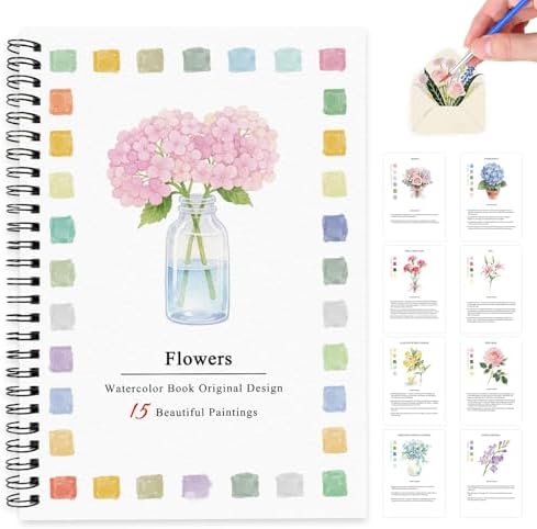 SLWBZ Watercolor Workbook Pink Flowers, 15 Different Patterns of Original DIY Designs, Beginner-Friendly Watercolor Workbooks, (Pink Hydrangeas, Without Palette) by Unknown