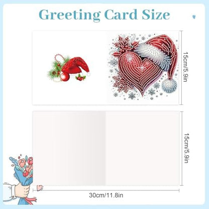 antor 6 Pack 5D Christmas Diamond Painting Cards, Heart Design with Santa Hat DIY Diamond Art Cards with Envelopes, Handmade Rhinestone Valentine’s Day Greeting Card Set for Adults - Image 2