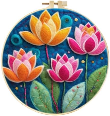 CaptainCrafts Needle Felting Kit, Wool Felt Supplies, Embroidery Hoops, Wool Painting Tools Needle Felting Starter Kit for DIY Decoration (Lotus Flowers) by CaptainCrafts
