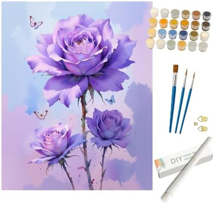 Botanical Paint by Numbers Kit for Adults - DIY Purple Rose Flowers with Butterflies Painting Rolled on Canvas 16x20 Inches, Acrylic Paint Set for Beginners, Art for Home Decoration or Gifts by Unknown