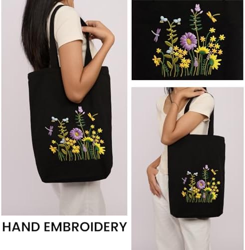 CREAWONDER Canvas Tote Bag Embroidery Kit with Pattern for Beginners, Arts and DIY Embroidery Crafts Kits for Adults, Include Instructions, Embroidery Hoops, Color Threads and Tool - Image 2