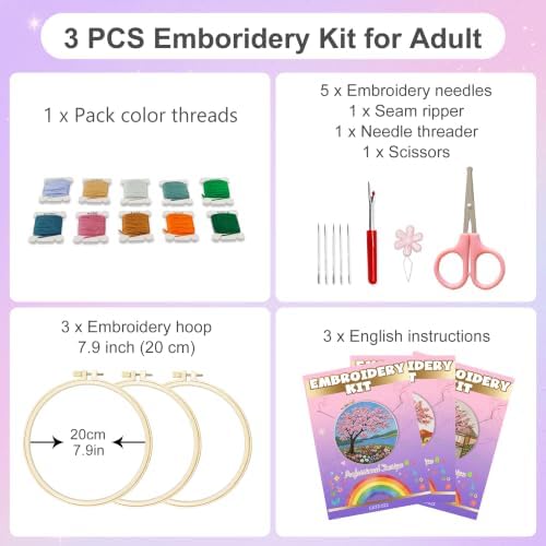 Huacan Embroidery Kit for Adults Beginners with 3 Hoops & Gift Box - Image 2