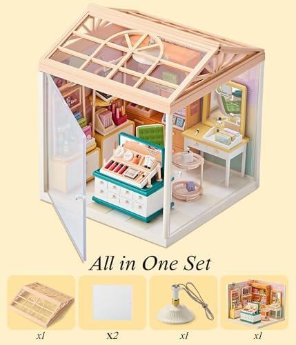 Makeup Store DIY Miniature House Kit with Roof & LED Light, Stackable & Connectable Dollhouse Kit with Dustproof Doors, Creative DIY Crafts Building Toy Gift for Adults Teens - Image 4