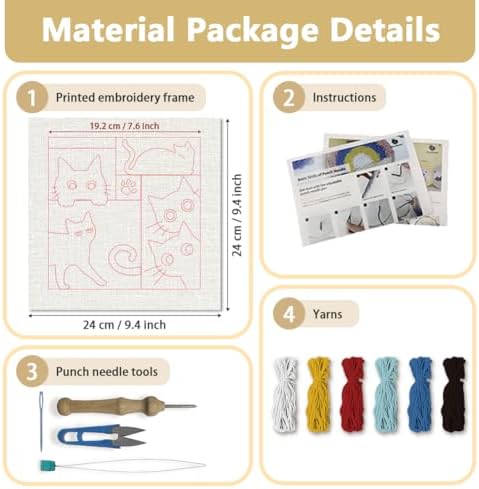 DOODLREAM Color Black Cat Needle Kit for Beginner, 9.4"x 9.4" Modern Pet Punch Stitching Craft Set, DIY Embroidery Starter with Printed Frame, Instruction, Threader, Yarn, Punch Needle - Image 2