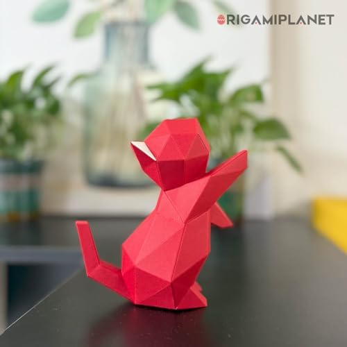 3D Origami Paper Craft Kit, Starpaw Kitten Cute DIY Pre-Cut Animal Papercraft Model for Beginners, Fun Handmade Home Decoration Gift for Adults & Teens-Red - Image 4
