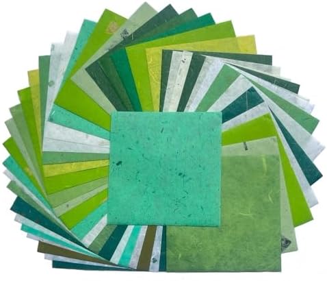 Natural Fiber Mulberry Paper Sheets 6 x 6 Inches, 50 PCS Handmade Craft Paper for Origami, Scrapbooking, Card Making, DIY Decoration, Mixed Media Art (Mixed Green Rice Straw etc.,,, 6 x 6) by RATREE888
