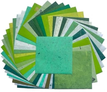 Natural Fiber Mulberry Paper Sheets 6 x 6 Inches, 50 PCS Handmade Craft Paper for Origami, Scrapbooking, Card Making, DIY Decoration, Mixed Media Art (Mixed Green Rice Straw etc.,,, 6 x 6) by RATREE888