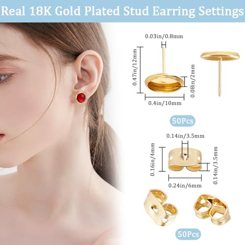 Beebeecraft 1 Box 50Pcs Earring Bezels Trays 18K Gold Plated Blanks Round Cabochon Prong Post Settings Stud Earring Findings with 10mm Tray and 50Pcs Earring Backs for Earring Jewelry Making - Image 2