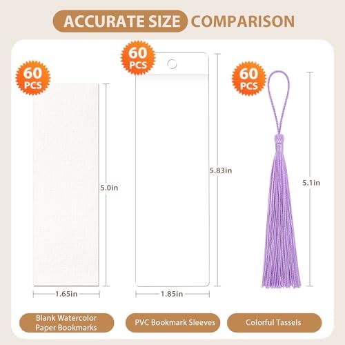 60 Pack Bookmarks with Sleeves & Tassels – Blank Watercolor Paper Bookmarks for DIY Painting, Reading, Classroom Crafts & Gift Tags - Image 2