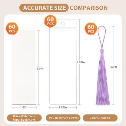 60 Pack Bookmarks with Sleeves & Tassels – Blank Watercolor Paper Bookmarks for DIY Painting, Reading, Classroom Crafts & Gift Tags - Image 2