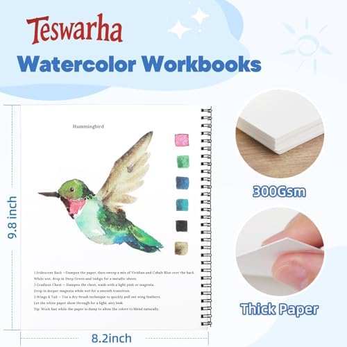 Teswarha Watercolor Workbook Using Thick Real Cotton Watercolor Paper for Adults Teens Spiral Bound 300GSM Art Paper 12 Sheets Birds 8.2 x 9.8in - Image 3
