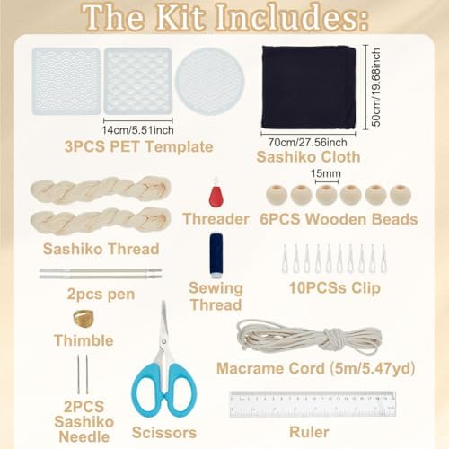 INFUNLY 3pcs Sashiko Drawstring Bag Kit DIY Sashiko Stencil Acrylic Template Kit Sewing Handbag Kits Wave Pattern Needlepoint Sewing Bag Kits with Instruction Cloth Needle Thread for Beginner Adults - Image 2