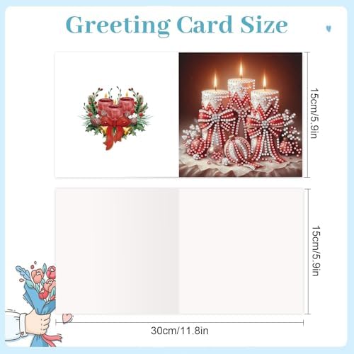 jinglinhh 6pcs Christmas Bow Candle Diamond Art Painting Greeting Cards with Envelopes, DIY Card Making Kits for Adults, Diamond Art Postcards Christmas Cards Craft Gifts - Image 2