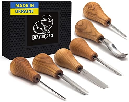 BeaverCraft Wood Carving Gouges Kit SC05 - Wood Carving Chisels Set with Palm Gouge & Flat Straight Chisel, Rounded Short Bent, V-chisels - Whittling Knives, Tools for Beginners and Profi Carvers by BeaverCraft