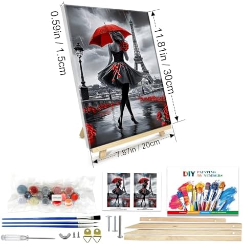 JOOZ Paint by Numbers Kit for Adults with Frame, Eiffel Tower Paint by Number with Easel, DIY Rose Woman Oil Painting by Numbers with Red Umbrella, Adult Paint by Number Kits for Wall Decor 8x12 Inch - Image 2