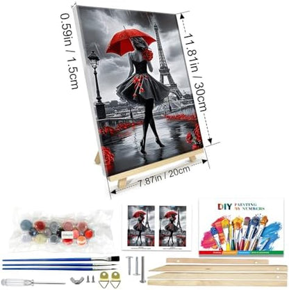 JOOZ Paint by Numbers Kit for Adults with Frame, Eiffel Tower Paint by Number with Easel, DIY Rose Woman Oil Painting by Numbers with Red Umbrella, Adult Paint by Number Kits for Wall Decor 8x12 Inch - Image 2