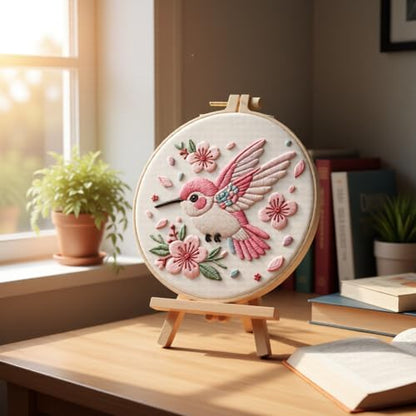 JJFox Embroidery Kit for Beginners and Adults, DIY Hand Embroidery Starter Kit with Cute Pattern, Cross Stitch Needlepoint Set with Hoop, Threads and Instructions (Hummingbird) - Image 2