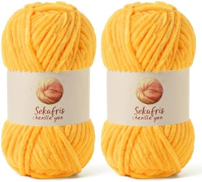 Chenille Yarn for Crocheting Size 5 Bulky Yarn, 2 Golden Yellow by Sekafris