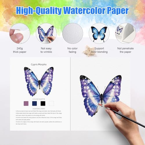 CraftyManor Watercolor Workbook for Beginners, 24 Colors Water Color Paint Set with Paints & Brushes, Creative Adult Coloring Book with 12 Patterns of Original DIY Designs (Butterfly) - Image 3