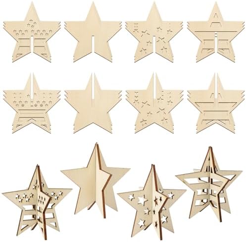 COCHIE DIY 3D 4th of July Stars Wood Crafts to Paint, Paintable Unfinished Wooden Slices for Craft, Memorial Day Veterans Day Star Cutouts Ornaments for Painting Decorations (24 PCS) by COCHIE