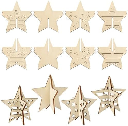 COCHIE DIY 3D 4th of July Stars Wood Crafts to Paint, Paintable Unfinished Wooden Slices for Craft, Memorial Day Veterans Day Star Cutouts Ornaments for Painting Decorations (24 PCS) by COCHIE