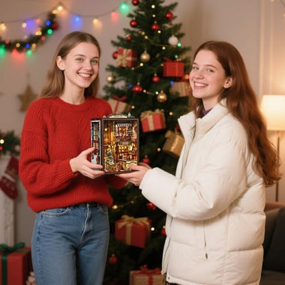 DIY Christmas Store Book Nook Kit, Miniature House with LED Light, 264pcs Wooden 3D Puzzles for Adults Teens, Bookshelf Decor Scale Model, Cultural Handmade Gift for Christmas & Book Lovers - Image 5