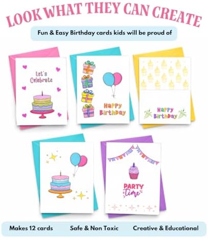 Birthday Card Making Kit -11 Reuseable Wooden Stamps & Ink Pad, 12 Blank Cards with Colorful envelopes, 1 Sheet of Birthday Stickers and 5 Color Pencils Ages 4+ - Image 5