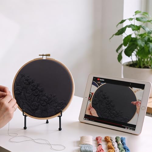 Armindou Black Flowers Embroidery Kits for Beginners Adults, Floral Hand Embroidery Set Needlepoint DIY Kit, Stamped Cross Stitch Kits for Beginners Adult, 2 Embroidery Hoops (Attached Video Tutorial) - Image 3