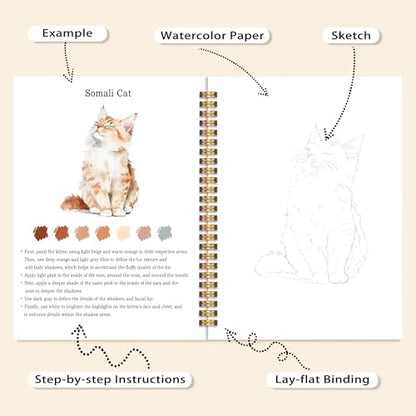 Easy Cat Watercolor Workbook for Beginners, Water Coloring Book, 18 Colors Watercolor Paint Set, 12 Patterns Watercolor Kit, Relaxing DIY Gift for Cat Lovers, Adults and Women Teen - Image 4