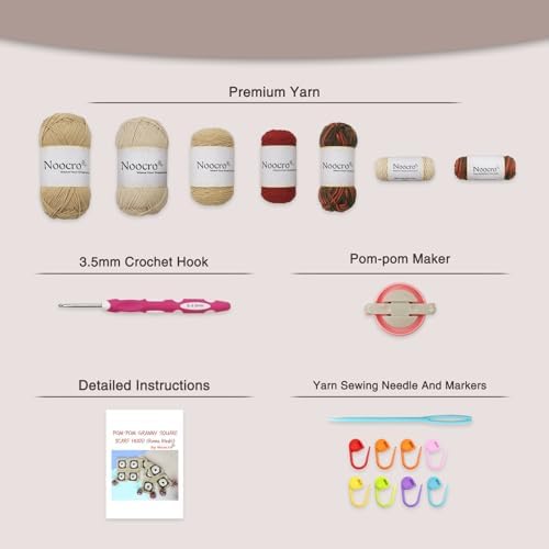 Noocro Complete Crochet Kit for Pom-Pom Granny Square Scarf Hood, DIY Yarn Kit, Detailed Instructions, Step by Step Video Tutorial, Beginner-Friendly, Intermediate Crocheter Craft Set (Roma Khaki) - Image 3