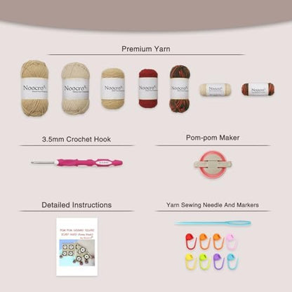 Noocro Complete Crochet Kit for Pom-Pom Granny Square Scarf Hood, DIY Yarn Kit, Detailed Instructions, Step by Step Video Tutorial, Beginner-Friendly, Intermediate Crocheter Craft Set (Roma Khaki) - Image 3