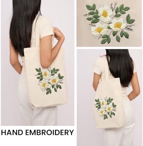 CREAWONDER Canvas Tote Bag Embroidery Kit with Pattern for Beginners, Arts and DIY Embroidery Crafts Kits for Adults, Include Instructions, Embroidery Hoops, Color Threads and Tool - Image 2