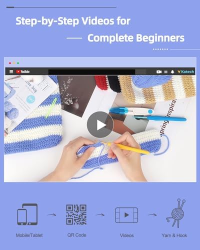 Katech Crochet Kit for Beginners w/Striped Tote Bag 3-1 Step-by-Step Guide - Image 3