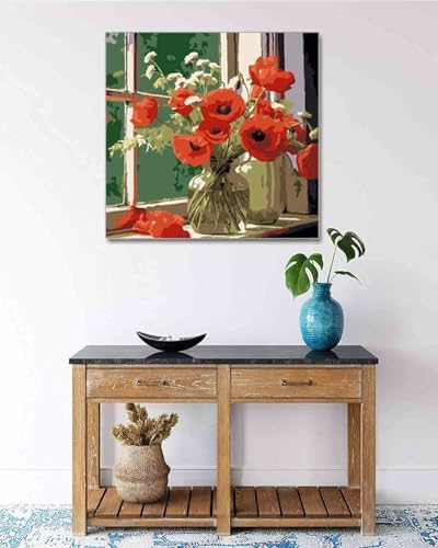 TOCARE Framed Paint by Numbers Kit for Adults Beginners, 12x12inch Red Flower Paint by Number with Frame,Easy Window Flowers Poppies Paint by Numbers Framed Canvas (Without Easel) - Image 7