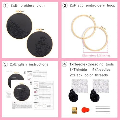 Armindou Black Flowers Embroidery Kits for Beginners Adults, Floral Hand Embroidery Set Needlepoint DIY Kit, Stamped Cross Stitch Kits for Beginners Adult, 2 Embroidery Hoops (Attached Video Tutorial) - Image 5
