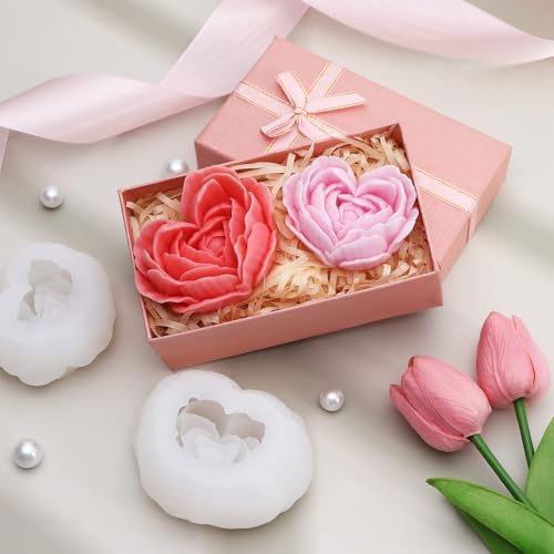 2 Pcs Rose Candle Molds, 3D Heart Rose Flower Silicone Molds, Valentine’s Day Heart Resin Casting Mold for DIY Soap Candle Wax Melt - Image 4