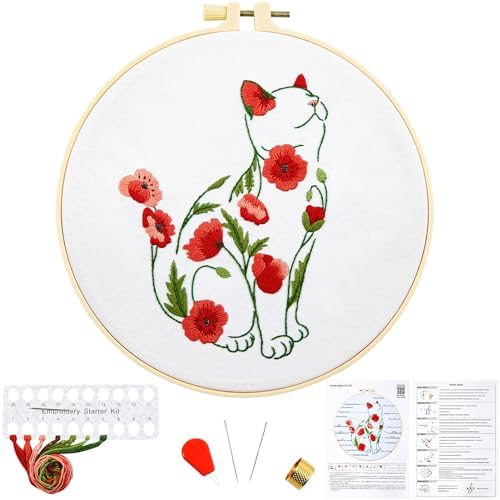 Crafmanoe Cat Embroidery Kits for Beginners Adults, Flowers Embroidery Starter Kits, Counted Cross Stitch Kits for Beginners Adults Hobbies Set for Women, Embroidery Hoops, Thread and Video Tutorial by Unknown
