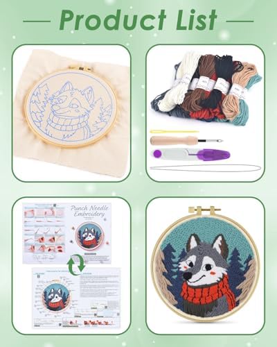 ERKOON Punch Needle Kit for Beginners Adults, DIY Easy Animal Embroidery Set for Starter Art Craft, Needling Punch Project with Patterns, Tools, Yarns, Hoop, Instruction (Wolf) - Image 2