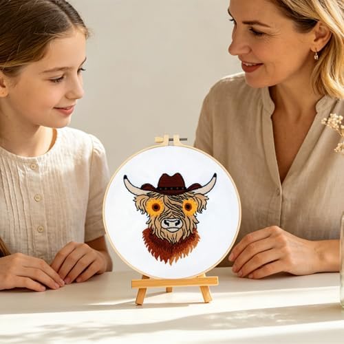 Highland Cow Embroidery Kits for Beginners Adults, Animal Hand Embroidery Starters Kits, Stamped Cross Stitch Kits DIY Needlepoint Kits for Beginners Adults, Embroidery Hoop, Thread and Video Tutorial - Image 6