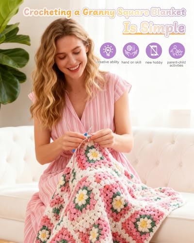 Coopay Crochet Kit for Beginners, Easy 3D Granny Square Blanket Kit, Pink - Image 5