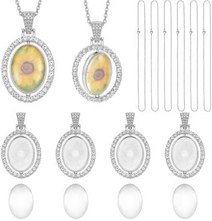 24Pcs 6 Sets Bezel Pendant Making Kit Oval Blank Bezel Pendant Trays with Glass Cabochons Pendant Trays Rhinestone Double Sided Rotatable Charm for Jewelry Making Supplies DIY Necklace Adults by SOFPLATE