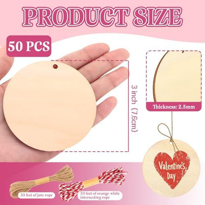 FSWCCK 50 Pcs 3in Wood Circles with Holes & Ropes, Discs for Painting DIY - Image 2
