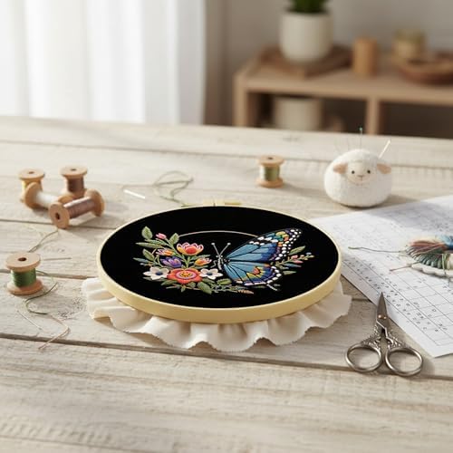 FRANDEK Flower Blue Butterfly Stamped Embroidery Kit with Hoop for Adults - Image 6