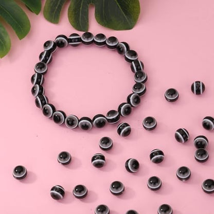 200pcs Sphere Round Evil Eye Beads Handmade Resin Lampwork Beads 8mm Charms Spacer Bead with Elastic Rope for Bracelets Necklace Jewelry Craft Making (Sphere Round-Black) - Image 5