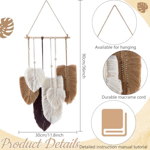 FREEBLOSS DIY Macrame Leaf Wall Hanging Beginners Macrame Kit Leaf Woven Tapestry Feather Wall Hanging DIY Macrame Kit for Adults Birthday Gift (Grey&White) - Image 3
