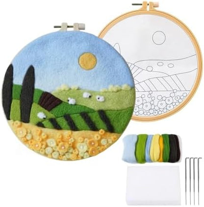 Hilsayum Needle Felting Landscape Kit Painting Making Set Needle Felt Starter Set Wool Felt Painting Kit for Living Room Room Wall Hanging Decoration (Sun and Sheep) by Hilsayum