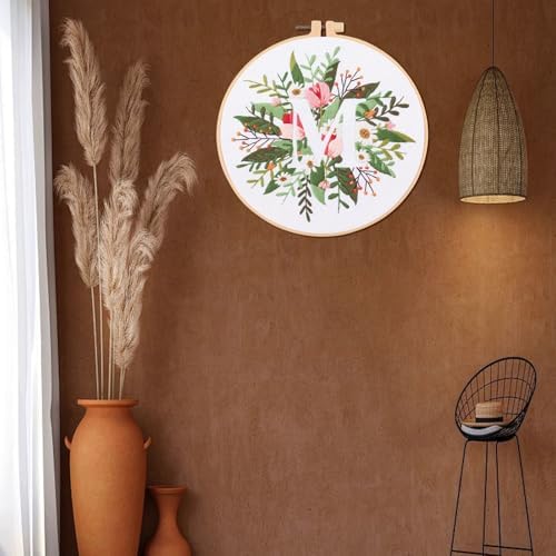 IUHUI Embroidery Kit for Beginners Adults - 26 Floral Letters Easy Patterns, DIY Hand Stitching Embroidery Set with Hoop (Flower and Grass Letter M) - Image 3